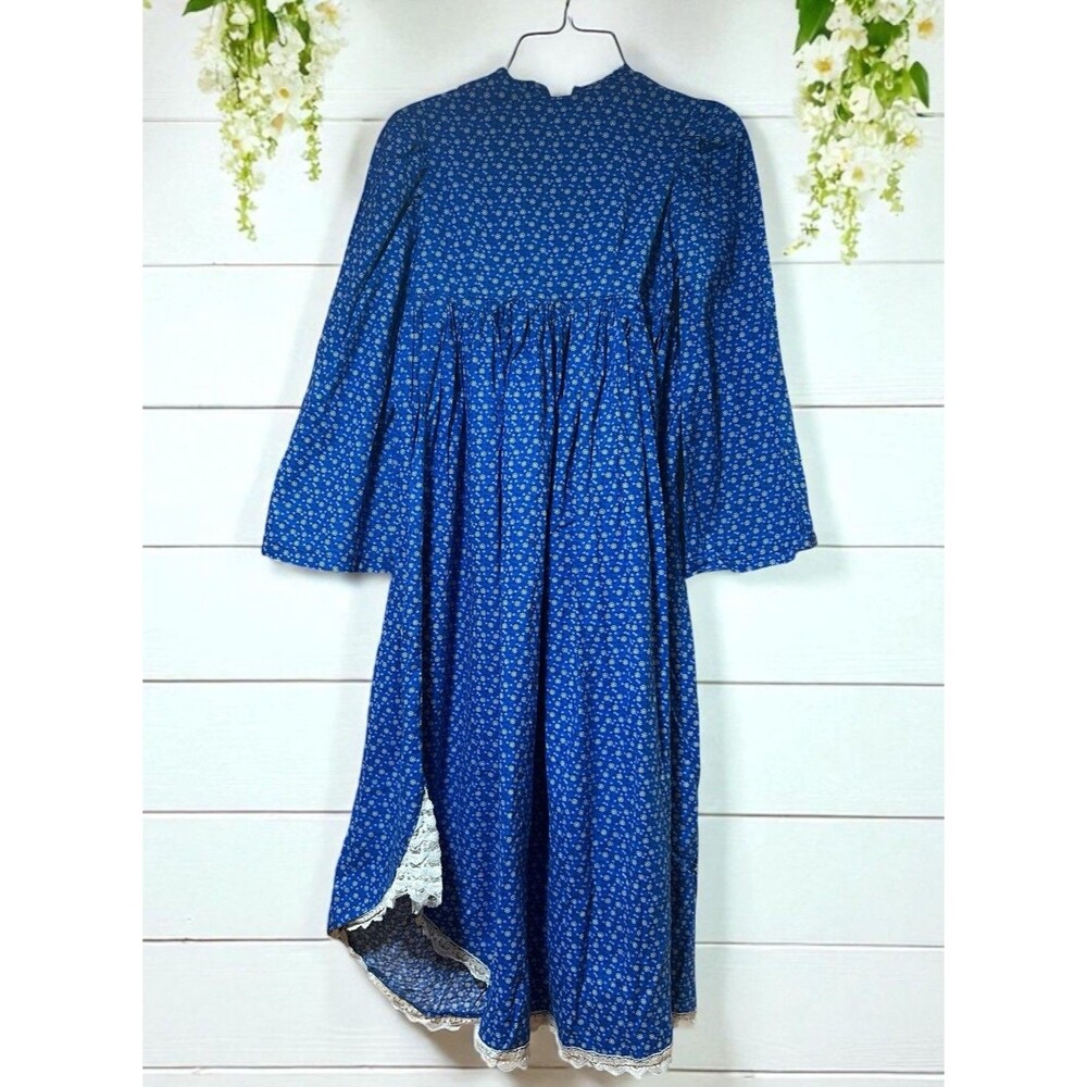 Vintage 70s Prairie Dress Girls 26w Kids Floral Blue Beauty Print Cottage Rustic